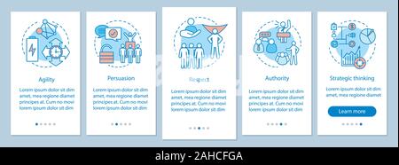 HR baseline skills onboarding mobile app page screen vector template. Employee soft qualities, abilities. Respect, authority, persuasion walkthrough w Stock Vector