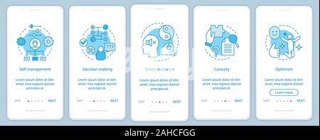 HR baseline skills onboarding mobile app page screen vector template. Professional qualities. Decision making, curiosity, optimism walkthrough website Stock Vector