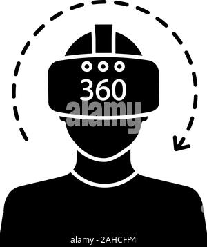 Virtual reality video glyph icon. Silhouette symbol. 360 degree video. VR player with VR mask, glasses, headset and rotation arrow. Virtual reality pl Stock Vector