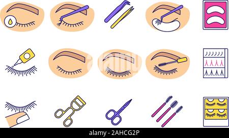 Eyelash extension color icons set. Individual, flare lashes. 3D, 2D volume eyelashes. Makeup. Scissors, lash curler, tweezers, mascara wand. Isolated Stock Vector