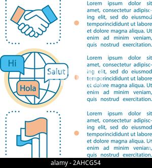 Language learning article page vector template. Brochure, magazine, booklet design element with text boxes. Foreign language for business courses, sch Stock Vector