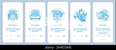 Hotel amenities onboarding mobile app screen vector template. Room facilities and services walkthrough website steps with linear illustrations. All in Stock Vector