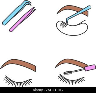 Eyelash extension color icons set. Straight and curved pointed tweezers, closed woman's eye, mascara, classic individual eyelash extension. Isolated v Stock Vector