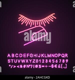 Stop touching eyelashes neon light icon. Lash extension and finger. Makeup. Eyelash extension aftercare. Closed woman eye. Glowing sign with alphabet, Stock Vector