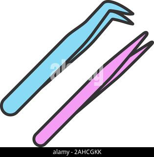 Eyelash extension tweezers color icon. Straight and curved pointed tweezers. Hair removal tool. Isolated vector illustration Stock Vector