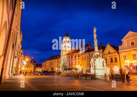 Night over Masaryk square. Center of a old town of Trebon, Czech Republic. Stock Photo