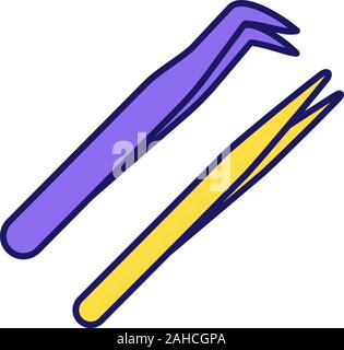 Eyelash extension tweezers color icon. Straight and curved pointed tweezers. Hair removal tool. Isolated vector illustration Stock Vector