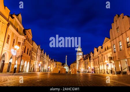 Night over Masaryk square. Center of a old town of Trebon, Czech Republic. Stock Photo