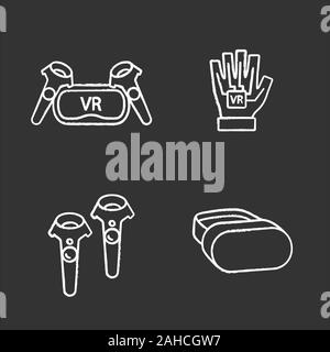 Virtual reality devices chalk icons set. VR headset and wireless controllers, haptic glove. Isolated vector chalkboard illustrations Stock Vector