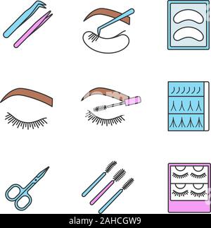 Eyelash extension color icons set. Tweezers, disposable eyeshadow pads, closed woman's eye, mascara wands, scissors, eyelash extension packaging. Isol Stock Vector