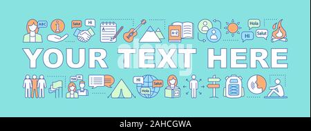 Summer language camp word concepts banner. Your text here. Travel and learn foreign language learning. Isolated lettering typography idea with linear Stock Vector