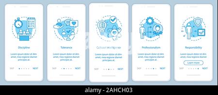 Employee soft skills onboarding mobile app page screen vector template. Baseline qualities, abilities walkthrough website steps. Responsibility, disci Stock Vector