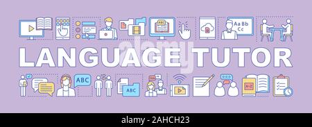 Language tutor word concepts banner. Video tutorials, courses, speaking club. Presentation. Foreign language learning. Isolated lettering typography i Stock Vector