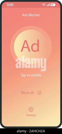 Ads blocker app smartphone interface vector template. Mobile utility page coral design layout. Adblock application screen. Turn off advert plugin flat Stock Vector