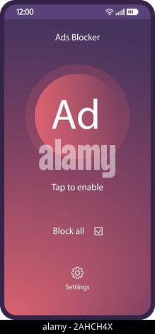 Adblock app smartphone interface vector template. Mobile utility page purple design layout. Antimalware application screen. Turn off advert plugin fla Stock Vector
