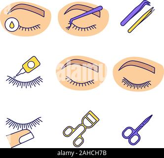 Eyelash extension color icons set. Makeup tools. Primer, cluster, tweezers, glue, lash curler, scissors, stop touching, before and after eyelash exten Stock Vector