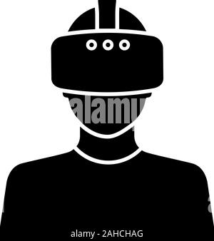 Virtual reality player glyph icon. Silhouette symbol. VR player. Man with VR mask, glasses, headset. Negative space. Vector isolated illustration Stock Vector