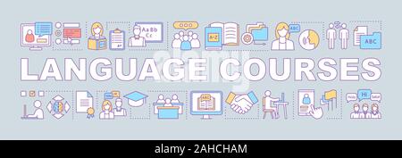 Language learning for business word concepts banner. Foreign language classes, school, lessons. Online courses. Isolated lettering typography idea wit Stock Vector