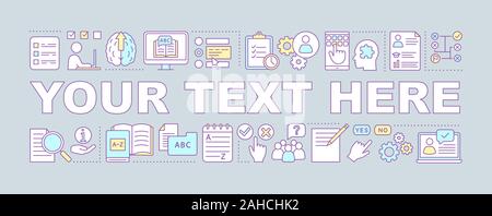 Language proficiency test word concepts banner. Your text here. Isolated lettering typography idea with linear icons. Online learning courses. Foreign Stock Vector