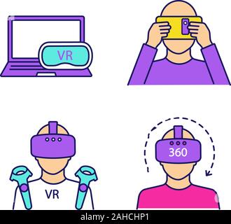 Virtual reality color icons set. VR cardboard, players, computer headset, 360 degree video. Isolated vector illustrations Stock Vector
