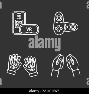Virtual reality devices chalk icons set. Smartphone VR headset, wireless controllers, haptic gloves. Isolated vector chalkboard illustrations Stock Vector