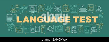 Language proficiency test word concepts banner. Presentation. Isolated lettering typography idea with linear icons. Online learning courses. Foreign l Stock Vector