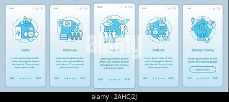 HR baseline skills onboarding mobile app page screen vector template. Employee soft qualities, abilities. Respect, authority, persuasion walkthrough w Stock Vector