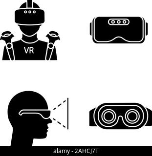 Virtual reality glyph icons set. Silhouette symbols. VR player with mask, wireless controllers, headset inside view, 3D glasses. Vector isolated illus Stock Vector