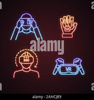 Virtual reality neon light icons set. VR cardboard, headset and controllers, players, haptic glove, 360 degree video. Glowing signs. Vector isolated i Stock Vector