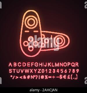 VR controller neon light icon. Virtual reality wireless gamepad. VR game console, remote control. Glowing sign with alphabet, numbers and symbols. Vec Stock Vector