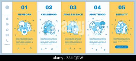 Human lifecycle onboarding mobile web pages vector template. Responsive smartphone  interface idea with linear illustrations. Childhood, adulthood web Stock Vector