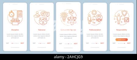 Management skills onboarding mobile app page screen vector template. HR baseline qualities, abilities walkthrough website steps. Responsibility, disci Stock Vector