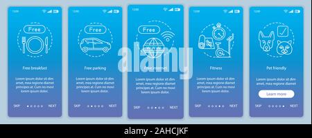 Hotel amenities onboarding mobile app screen vector template. Room facilities and services walkthrough website steps. Free breakfast, parking, interne Stock Vector