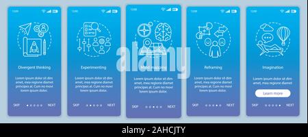 Professional qualities onboarding mobile app page screen vector template. HR soft skills. Imagination, experimenting, mind mapping. Walkthrough websit Stock Vector