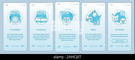 Room amenities onboarding mobile app page screen vector template. Hotel facilities and services walkthrough website steps. Choosing apartment. All inc Stock Vector