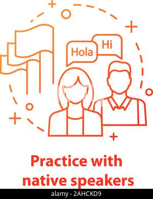 Practice with native speaker concept icon. Interpretation. Lessons with tutor. Foreign language learning idea thin line illustration. Basic communicar Stock Vector