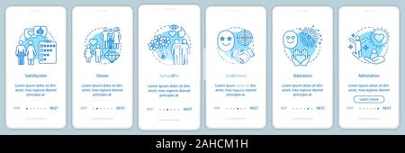 Relationship feelings onboarding mobile app page screen vector template. Satisfaction, desire, adoration. Walkthrough website steps with linear illust Stock Vector