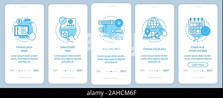 Hotel room booking onboarding mobile app page screen vector template. Choosing price, amenities, city, date. Hostel, motel reservation. Walkthrough we Stock Vector