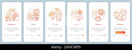 Relationship feelings onboarding mobile app page screen with linear concepts. Satisfaction, desire, adoration walkthrough steps graphic instructions. Stock Vector