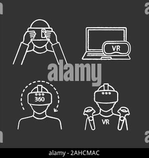 Virtual reality chalk icons set. VR cardboard, players, computer headset, 360 degree video. Isolated vector chalkboard illustrations Stock Vector