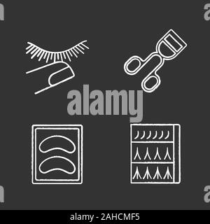 Eyelash extension chalk icons set. Stop touching lashes, curler, disposable eyeshadow pads, eyelash extension packaging. Isolated vector chalkboard il Stock Vector