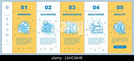 Human lifecycle onboarding mobile web pages vector template. Responsive smartphone website interface idea with linear illustrations. Adulthood, senili Stock Vector