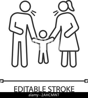 Parents scolding child linear icon. Thin line illustration. Mother and father discipline kid. Parents arguing and punishing son. Contour symbol. Vecto Stock Vector