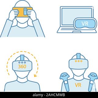 Virtual reality color icons set. VR cardboard, players, computer headset, 360 degree video. Isolated vector illustrations Stock Vector