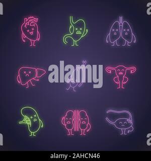 Sad human internal organs neon light icons set. Unhappy heart, stomach ...