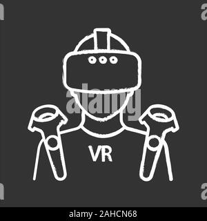 VR player chalk icon. Virtual reality player. Man with VR mask, glasses, headset and wireless controllers. Isolated vector chalkboard illustration Stock Vector