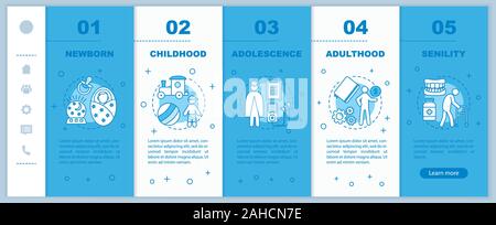 Human lifecycle onboarding mobile web pages vector template. Responsive smartphone  interface idea with linear illustrations. Adolescence, childhood w Stock Vector