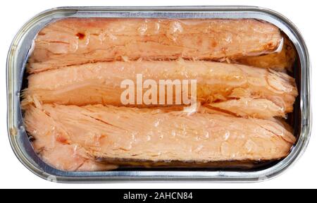 Canned seafood, Andalusian melva fish fillets preserved in oil. Isolated over white background Stock Photo