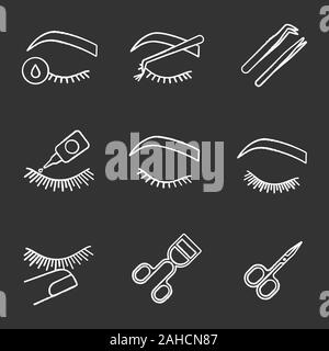 Eyelash extension chalk icons set. Makeup tools. Primer, cluster, tweezers, glue, lash curler, scissors, stop touching, before and after eyelash exten Stock Vector