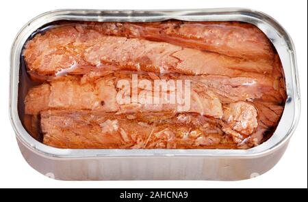 Open can of preserved natural fillet of frigate tuna. Isolated over white background Stock Photo